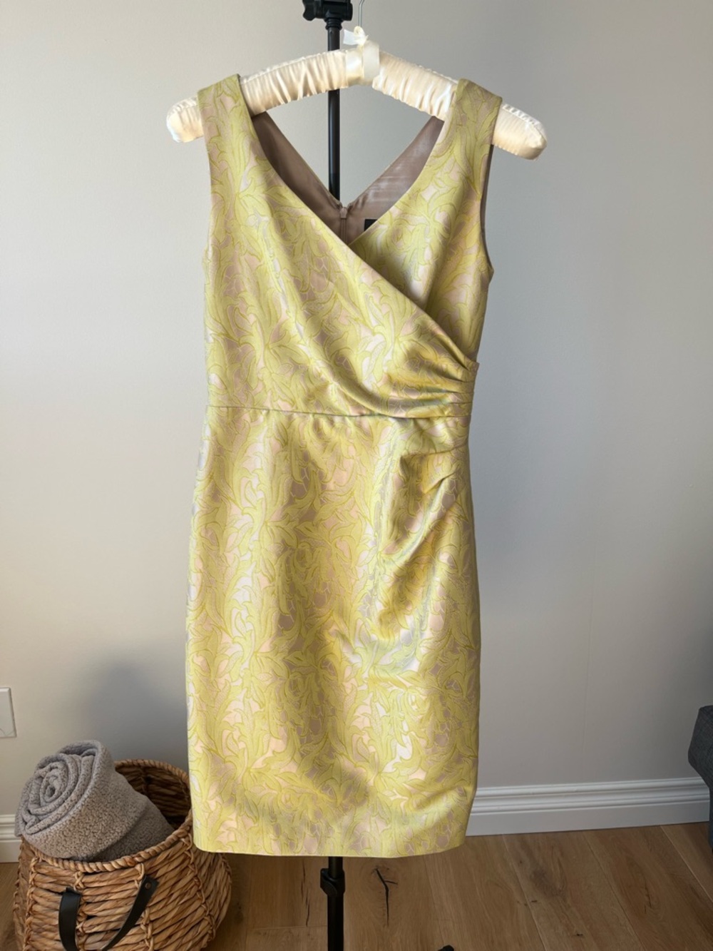 🇬🇧Alexon Y2K Sleeveless Gold & Lime Floral Jacquard Cocktail Dress US 6